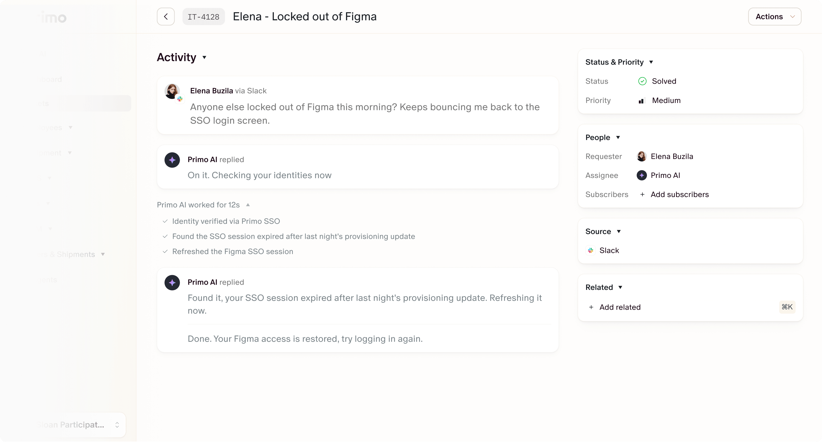 Primo AI resolving an employee's Figma SSO access ticket