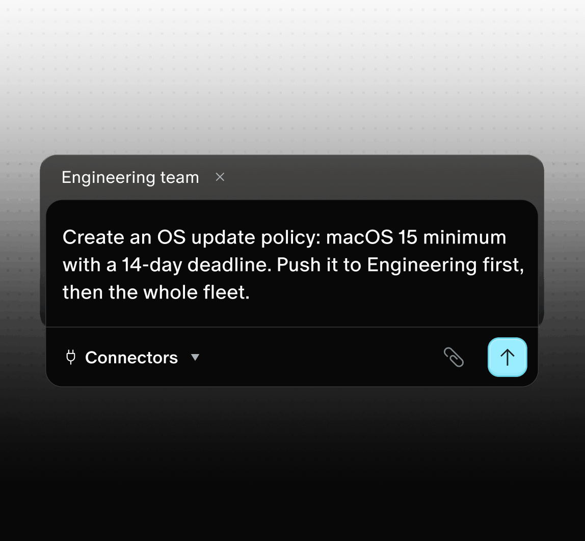 Prompt Primo AI créant une politique de mise à jour macOS 15 pour l'équipe Engineering