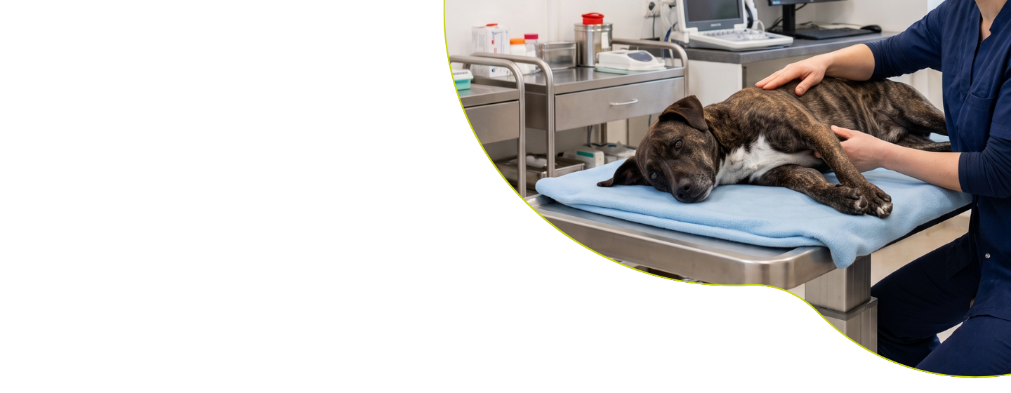 Tierärztin untersucht einen braun gestromten Hund, der auf einer blauen Decke auf dem Behandlungstisch liegt