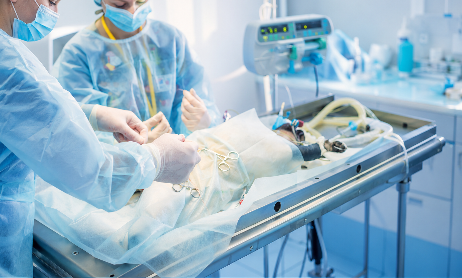 Operationsteam in steriler Schutzkleidung bei einer Operation an einem Tier