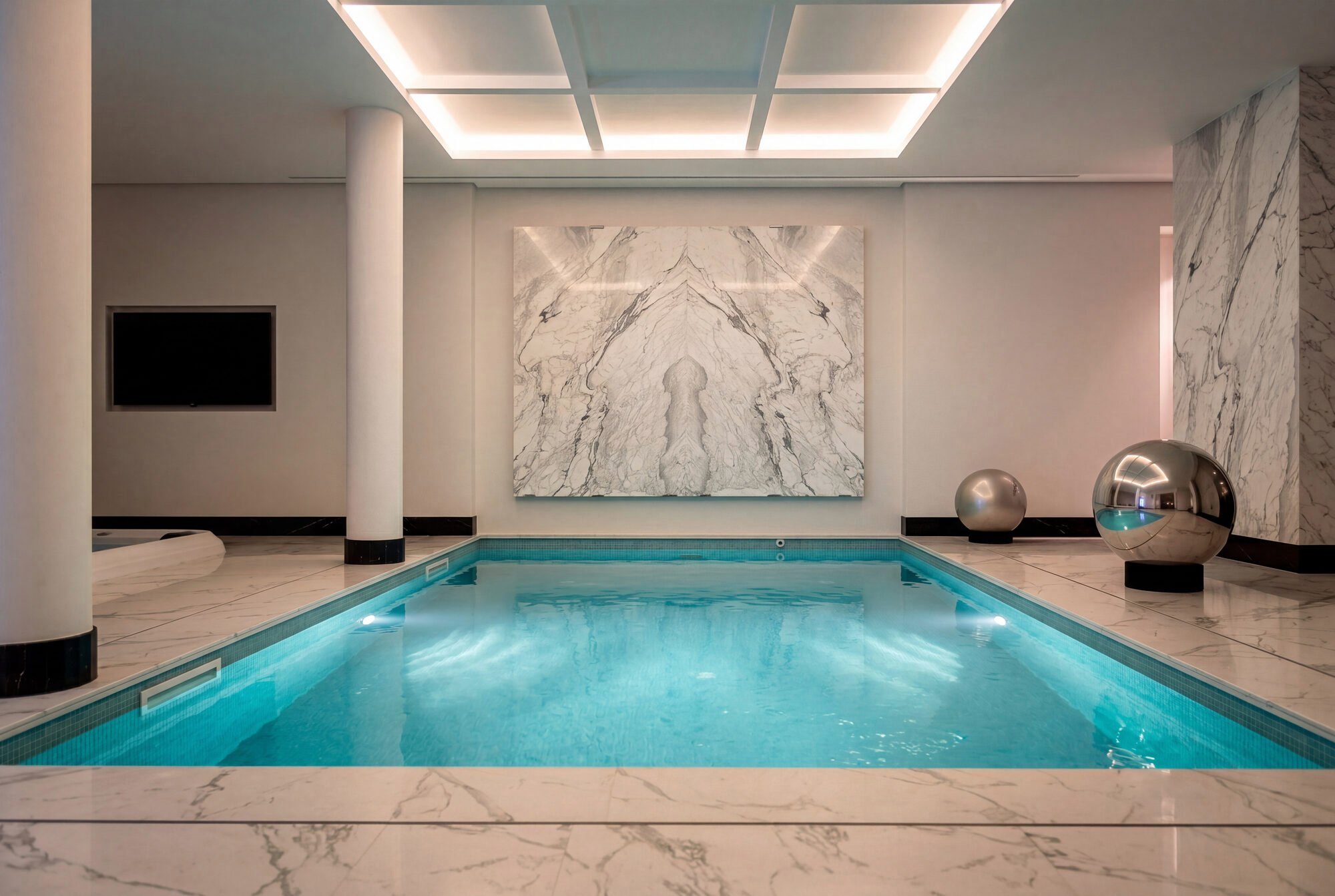 Indoor pool with marble finishes and recessed ceiling lighting