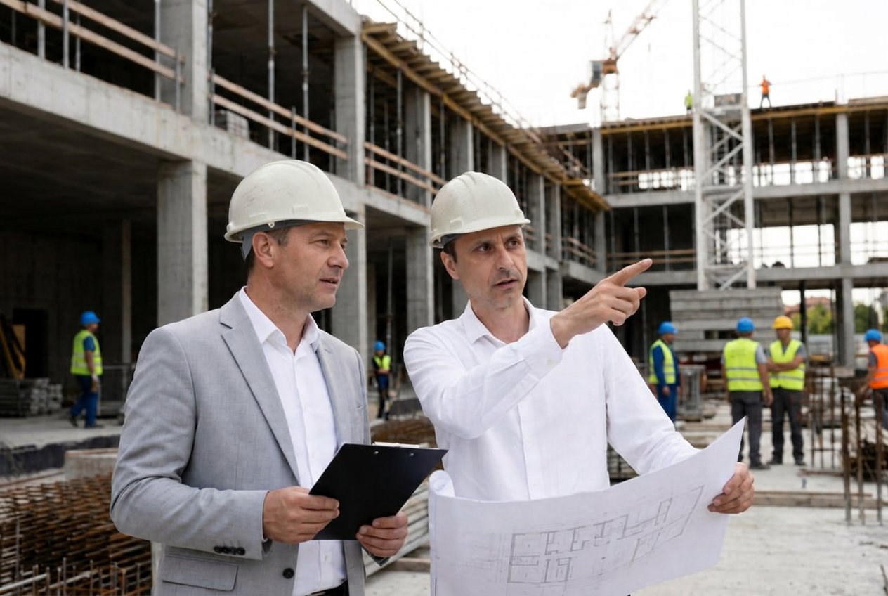 Two construction professionals reviewing plans at a building site