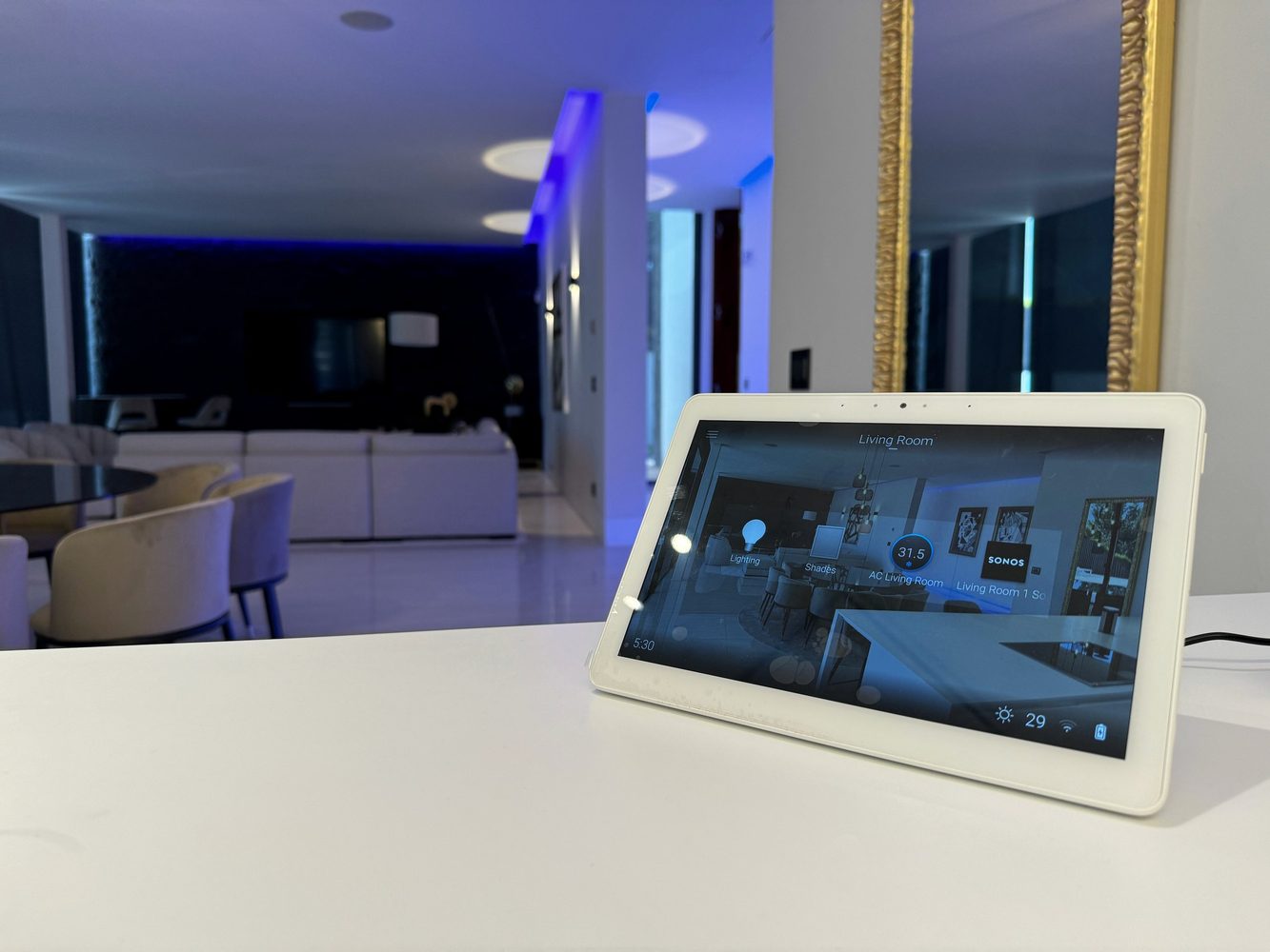 Smart-home touchscreen controlling lighting, shades, climate and audio