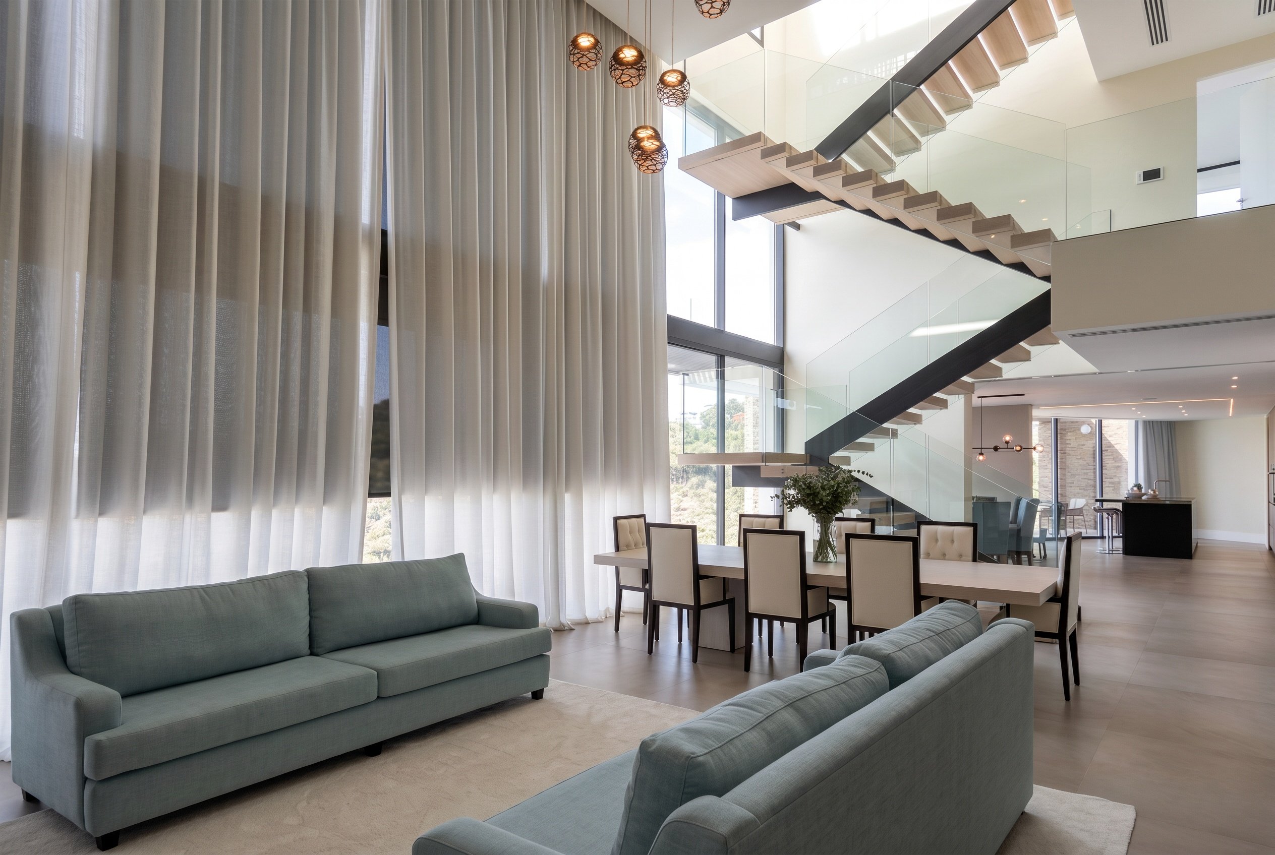 Open-plan living room with automated curtains and integrated lighting in a private villa
