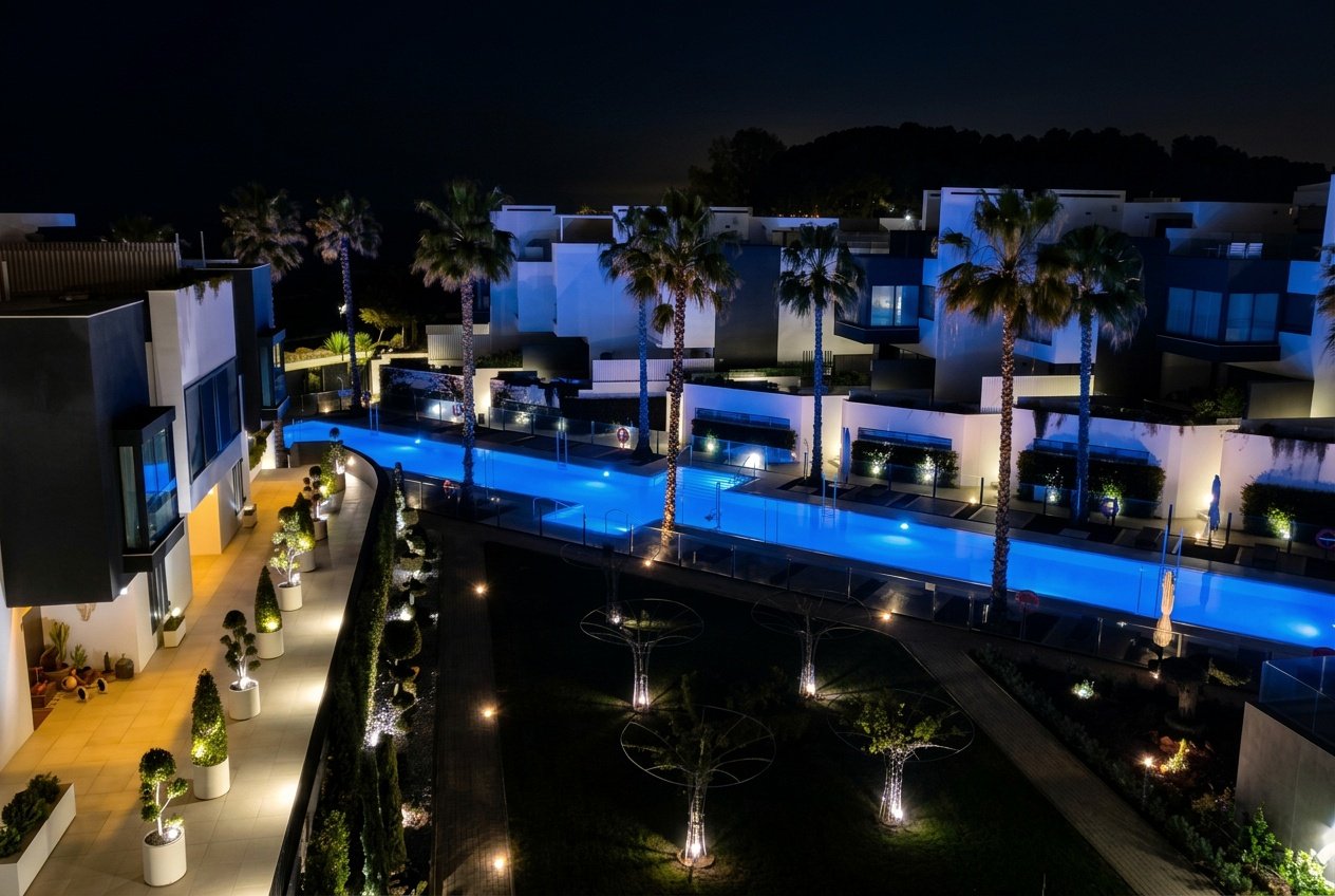 Night view of The Island residential development in Estepona