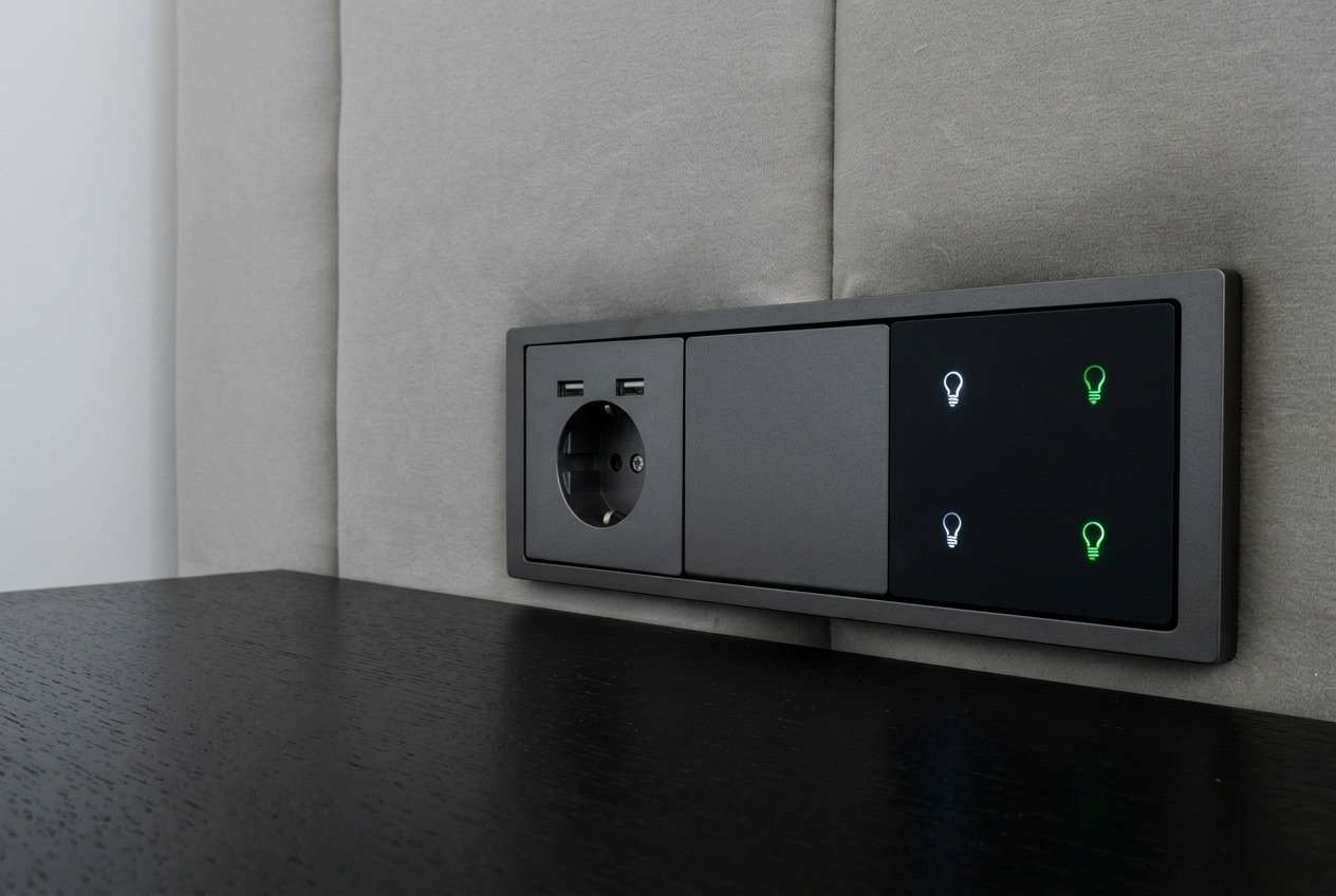 Bedside touch controls and power outlet