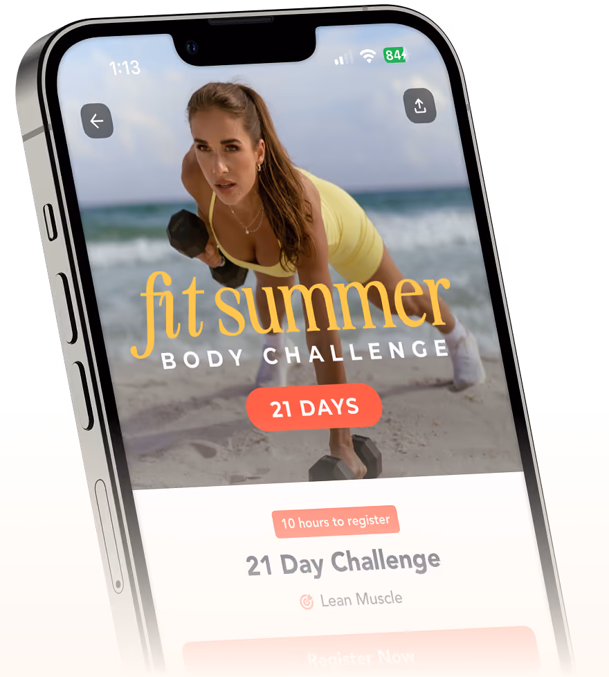 Fit Summer Body Challenge app showing a woman exercising on beach with dumbbells, 21-day workout plan.