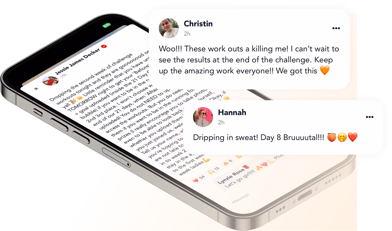 Smartphone showing social media posts with users encouraging fitness challenge progress and results.