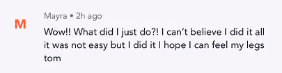 User Mayra expresses surprise and accomplishment after completing a challenging activity.