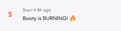Text message from Staci saying 'Booty is BURNING!' with a fire emoji.