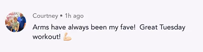 Social media comment praising arms workout with a flexed bicep emoji.
