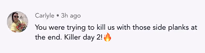 Text message from Carlyle praising the side planks at the end of day 2 workout with fire emoji.