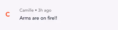 Comment by Camille posted 3 hours ago saying, 'Arms are on fire!!'