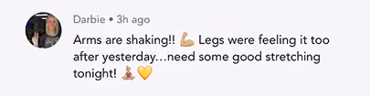 Social media post: Arms shaking and legs sore, needing some good stretching tonight with muscle and heart emojis.