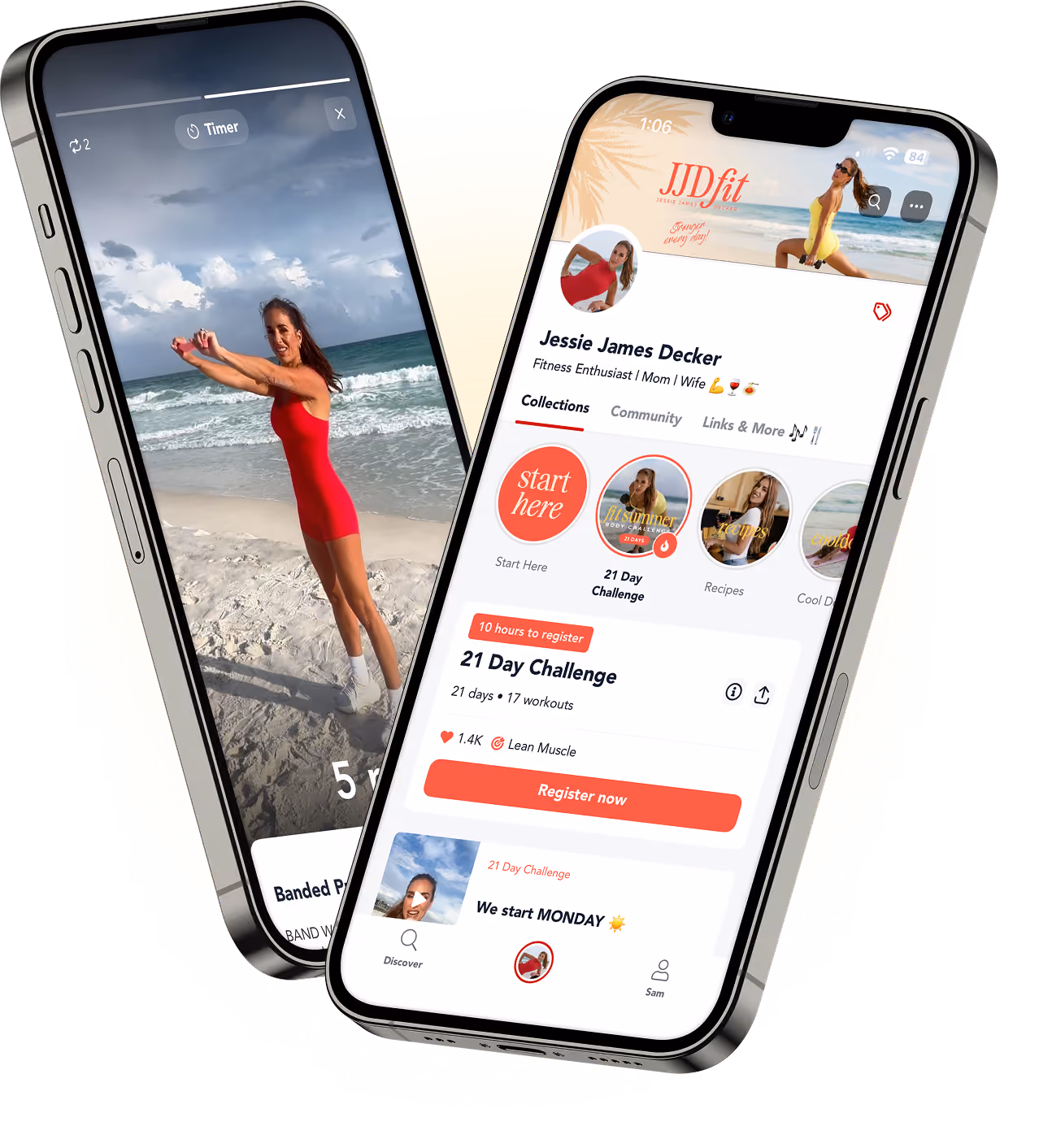 Two phones showing a fitness app with a woman exercising by the beach and a 21 Day Challenge screen.