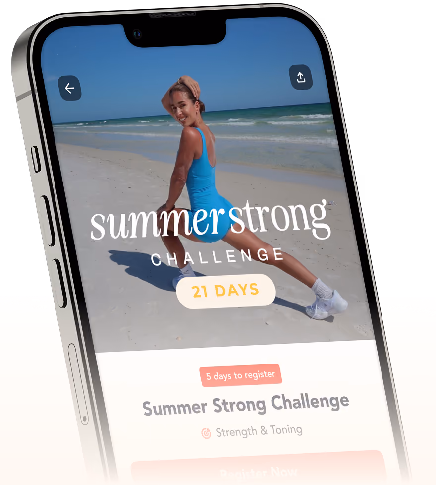 Smartphone screen shows a woman in a blue outfit stretching on a beach for the Summer Strong 21-day challenge.