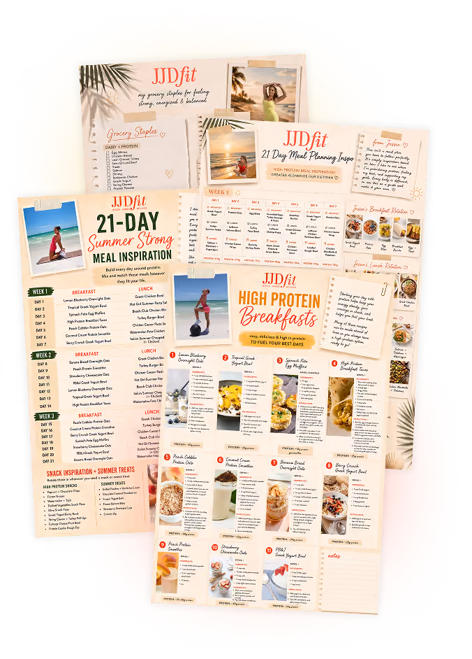JJDfit 21 Day Meal Planning chart with daily high protein meals, grocery list, and food rotation images.