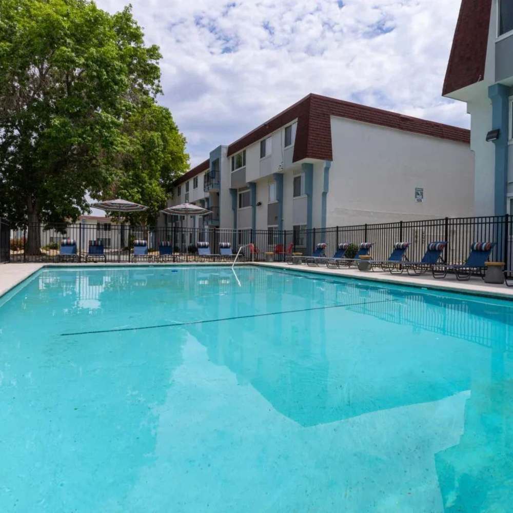 Pool with apartment building in back