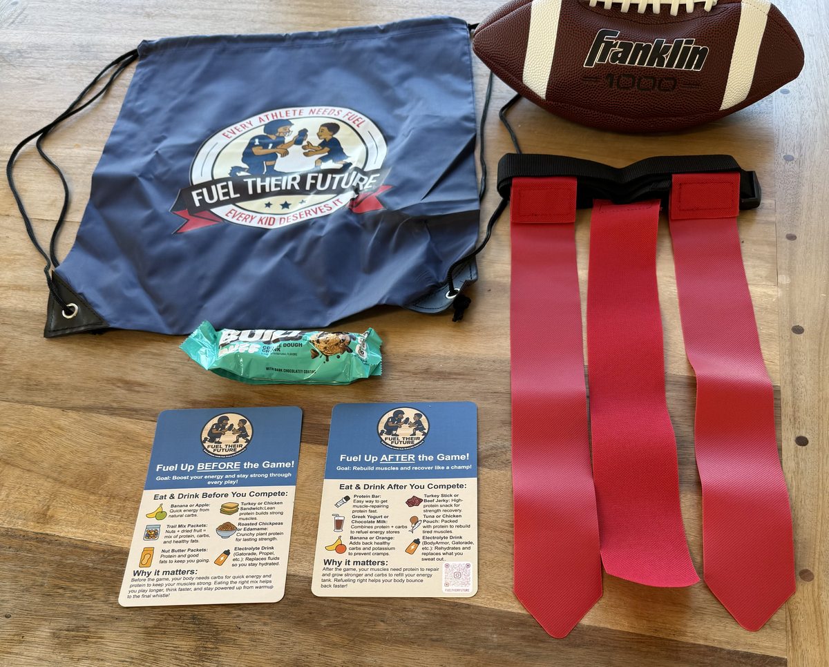 FTF game day kit — bag, nutrition cards, flag football belt