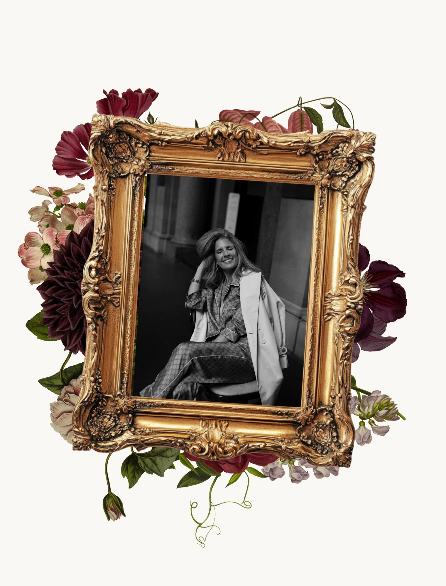 Portrait of Dr. Amanda Hanson in an ornate gold frame surrounded by flowers