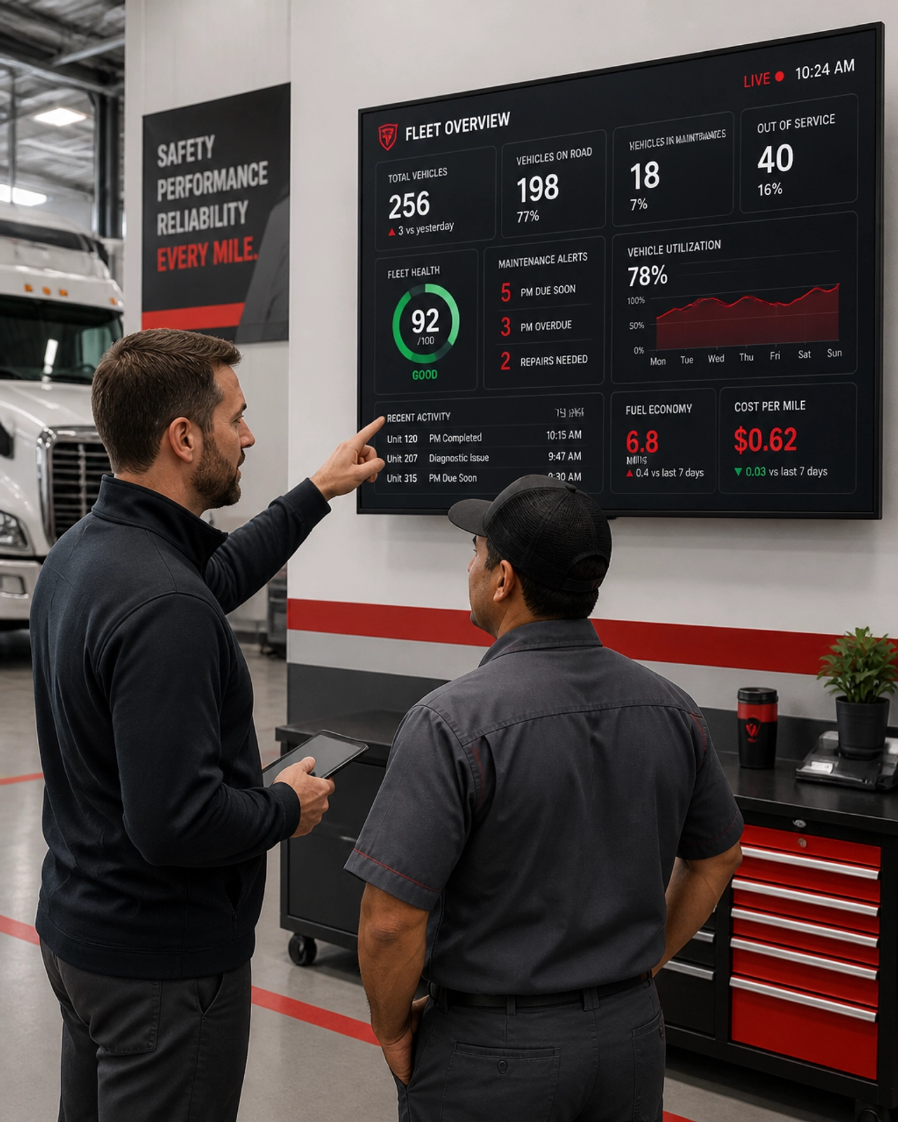 Manager and technician reviewing digital fleet metrics