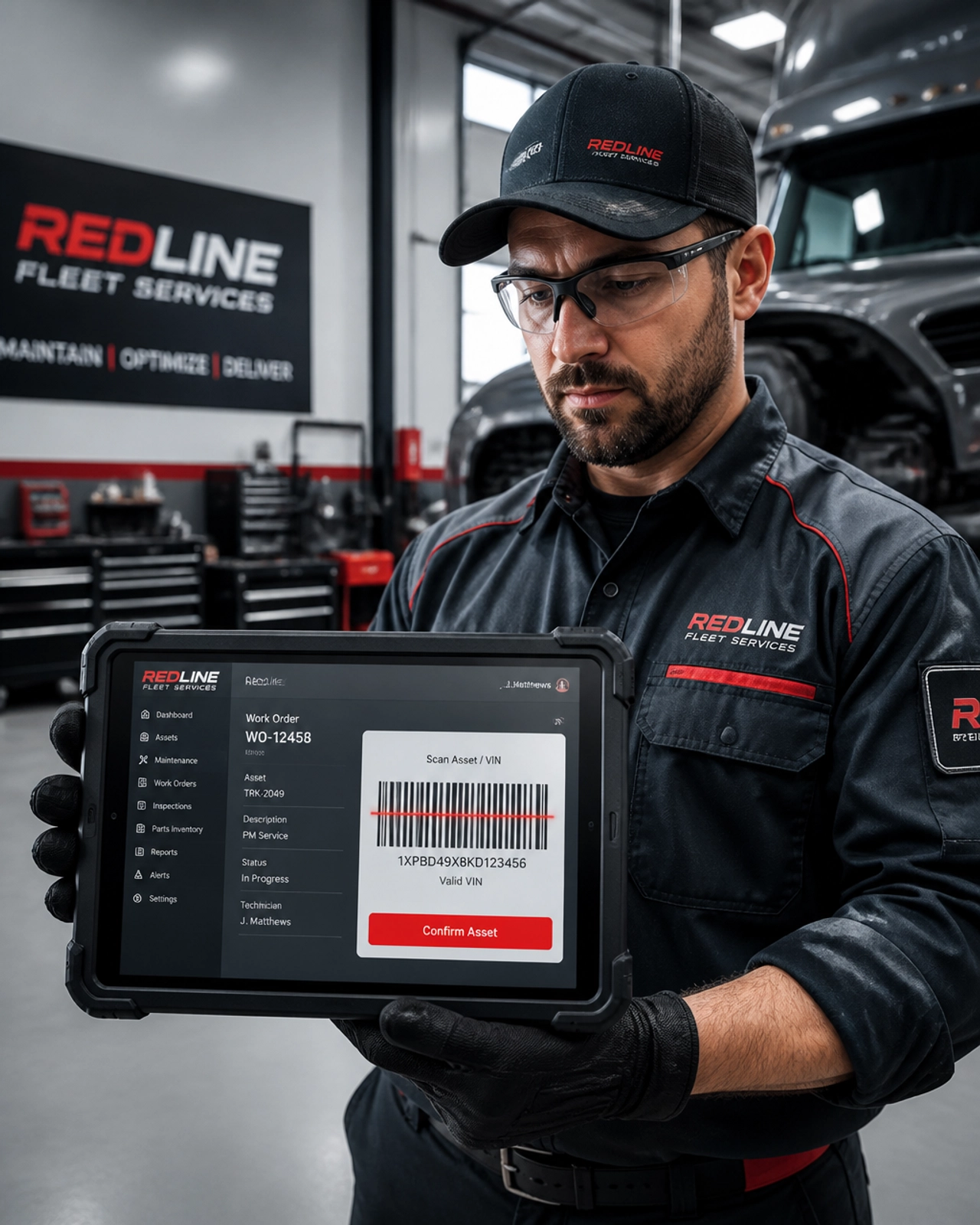 Technician using rugged tablet for digital work orders