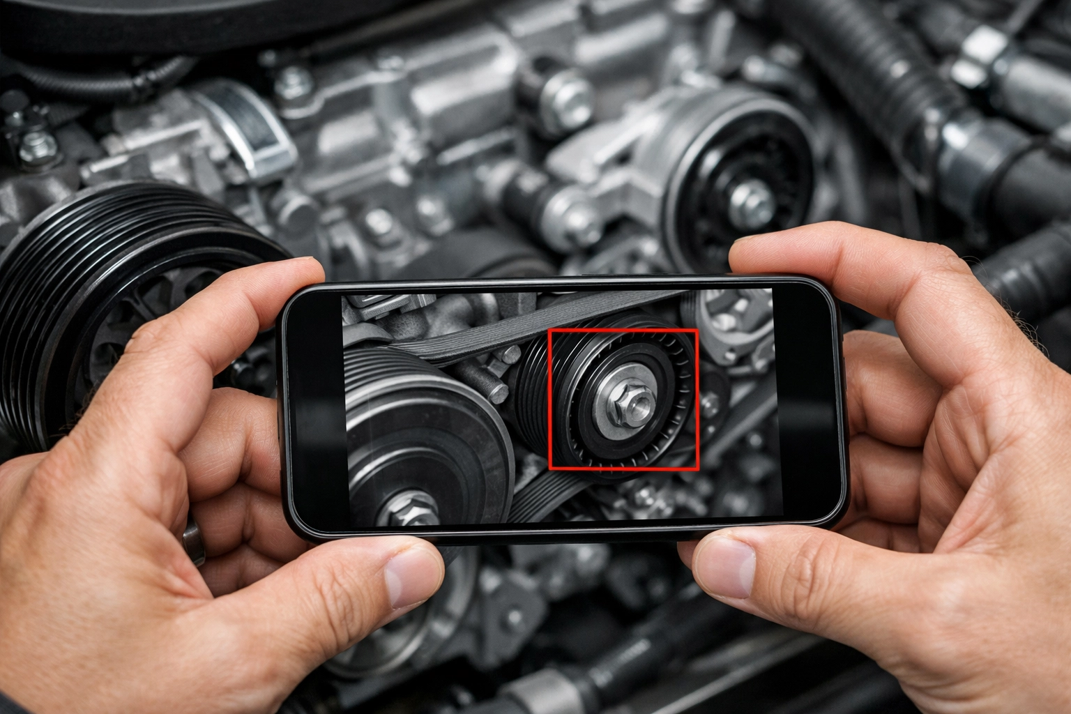 Close-up of technician documenting vehicle engine maintenance with a digital smartphone app.