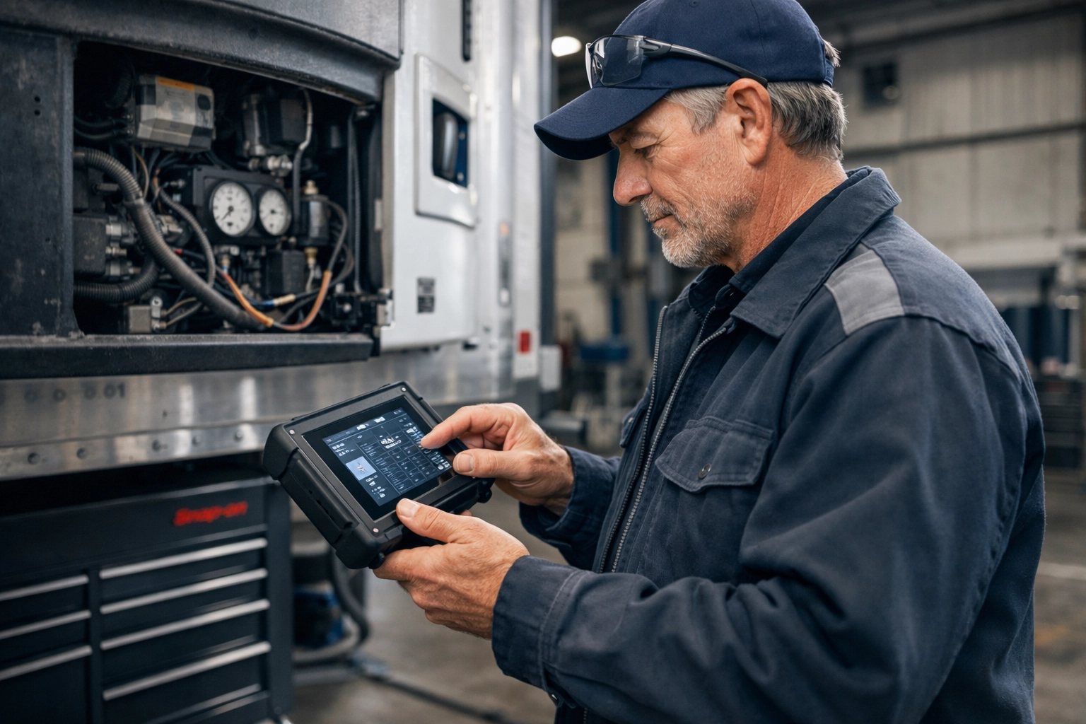 Fleet maintenance technician using a digital handheld device to inspect a refrigerated trailer.