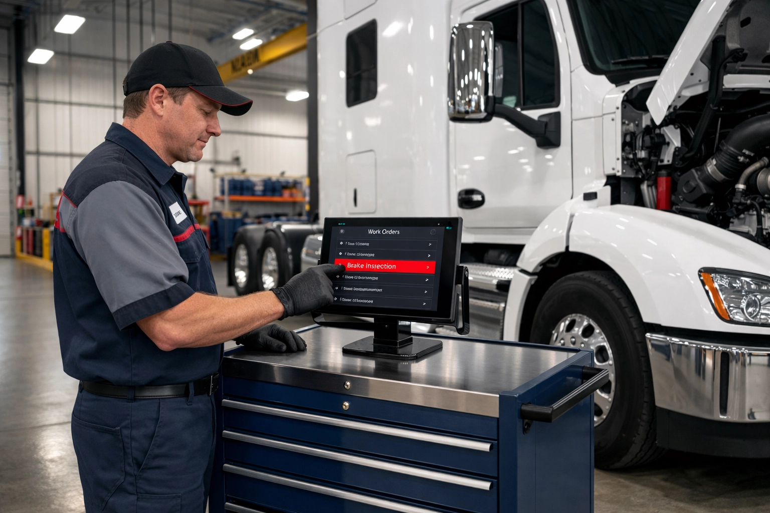 Technician performing heavy-duty truck repair using a paperless workflow on a mobile shop management tablet.