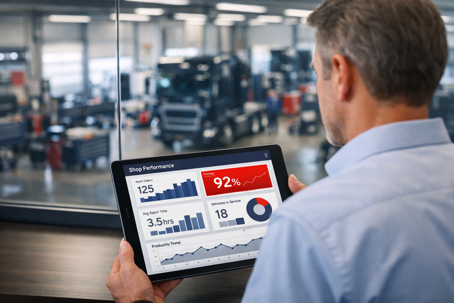 Fleet manager analyzing shop efficiency metrics on a digital dashboard overlooking the maintenance bay.