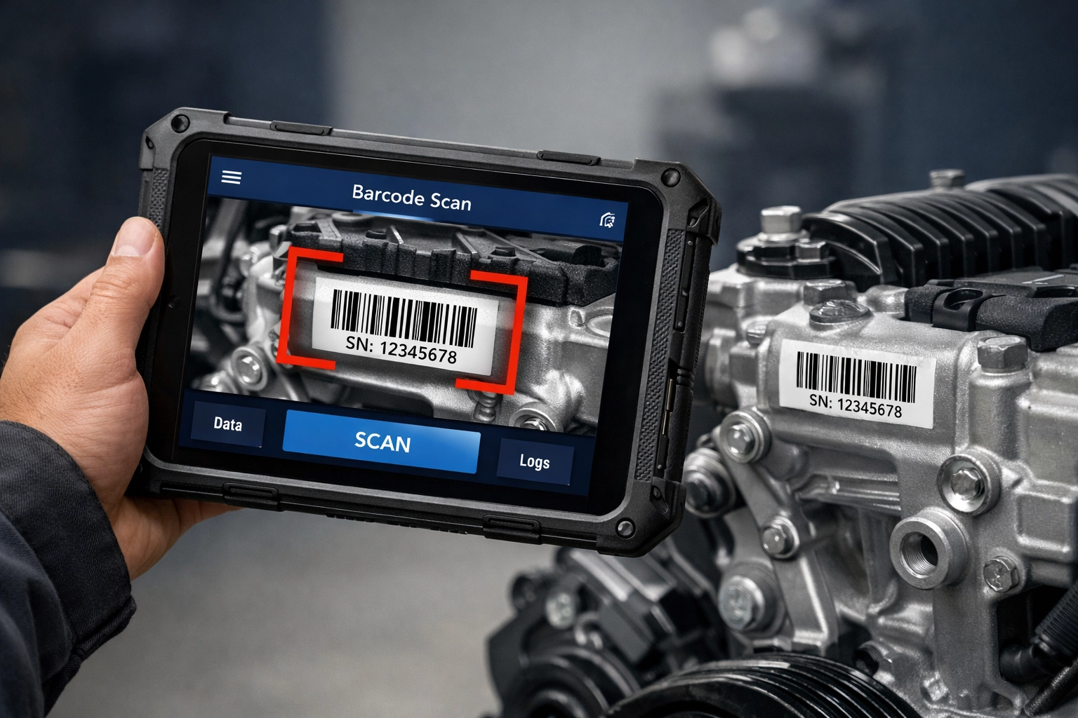 Technician using a tablet to scan engine parts for digital maintenance tracking and warranty recovery.