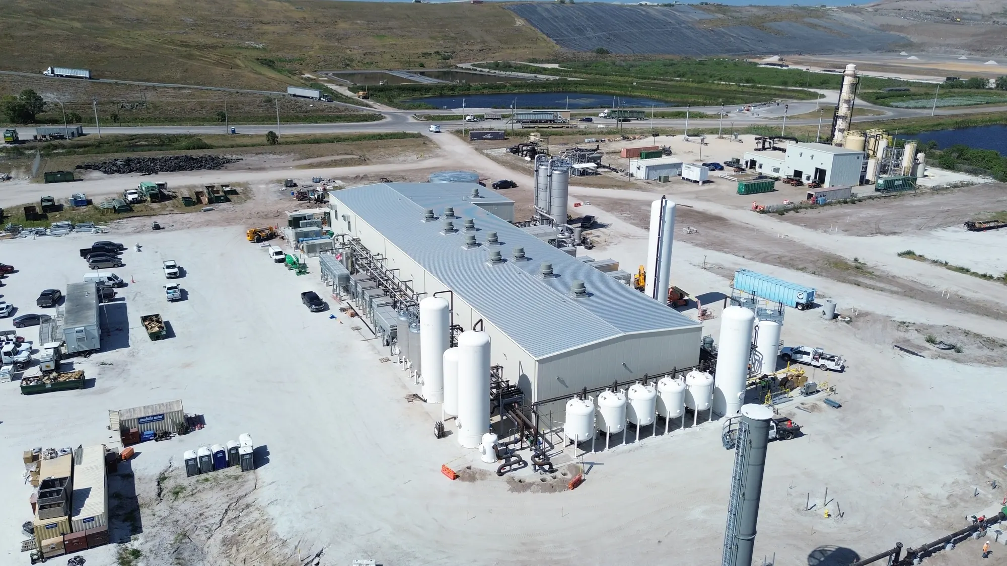 Aerial view of the Okeechobee RNG facility with processing skids and storage tanks