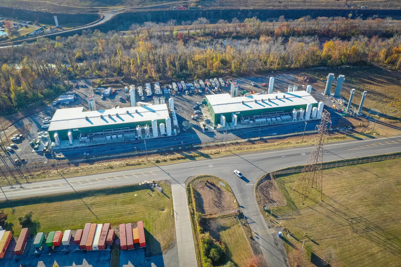 Aerial view of the Fairless Hills RNG facility in autumn with intermodal containers nearby