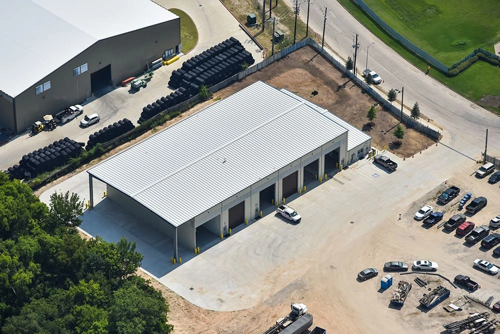 Aerial view of the Houston maintenance shop and its truck yard