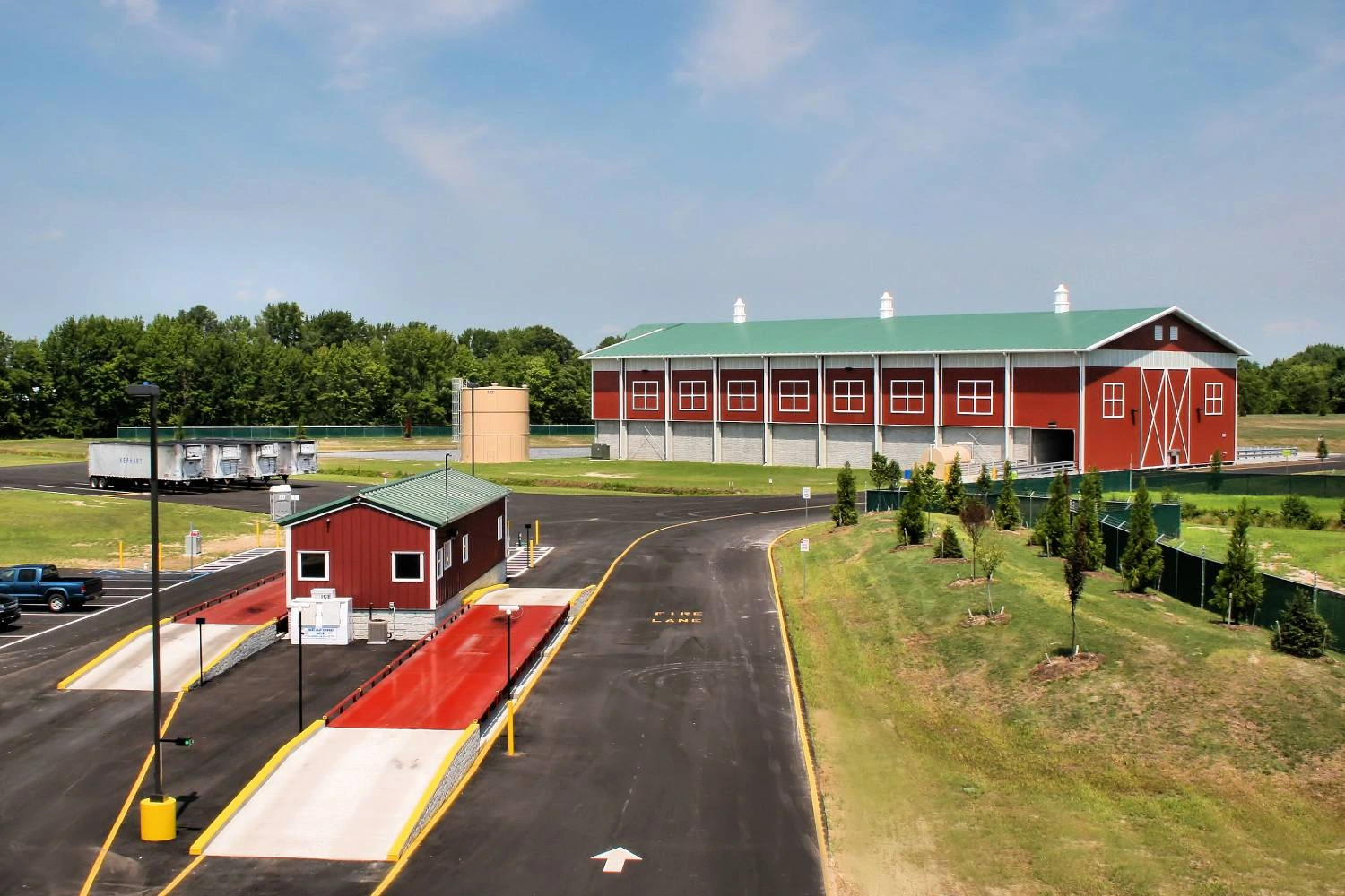 Aerial view of the Farmington transfer station with a truck scale and scale house