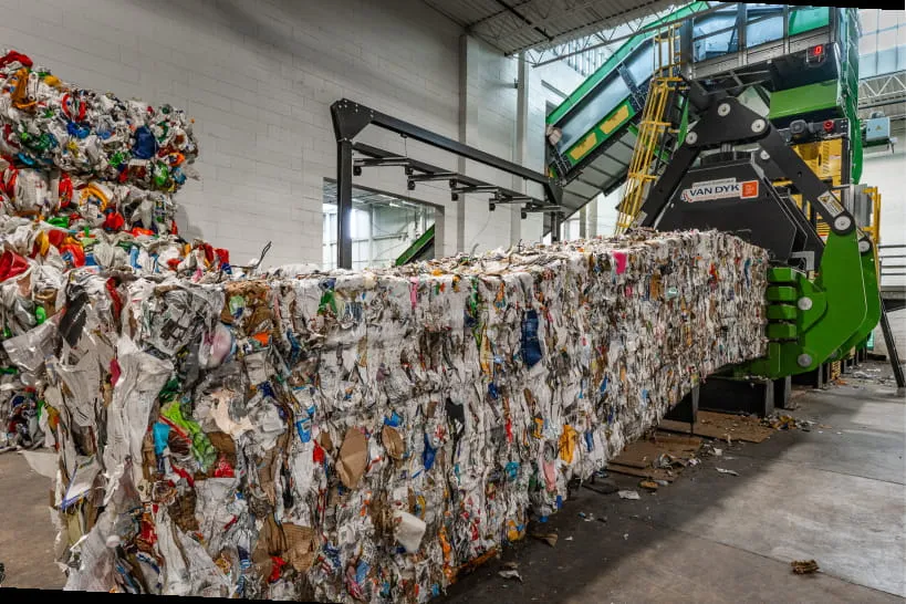 Baled recyclables stacked beside the baler inside a material recovery facility