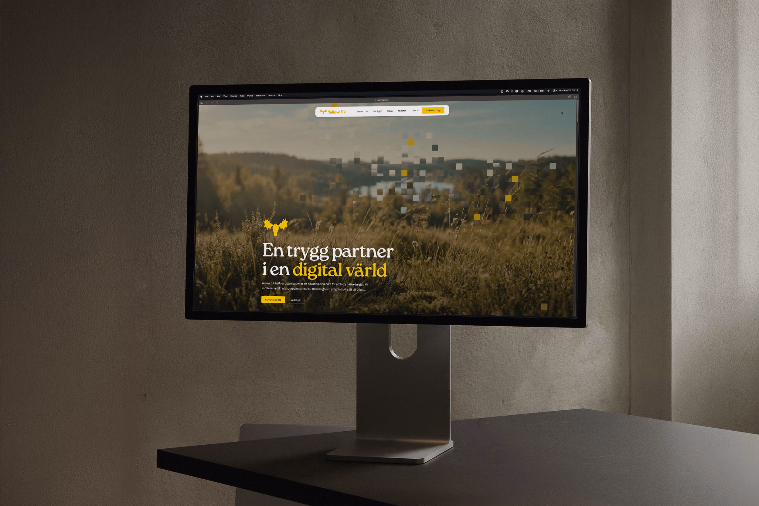 Computer monitor on desk showing a website with text about a reliable partner in a digital world.