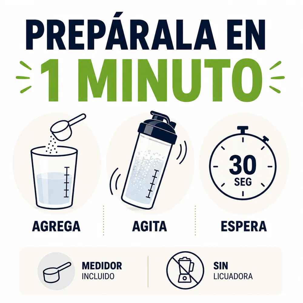 Prepárala en 1 minuto: agrega el medidor, agita y espera 30 segundos
