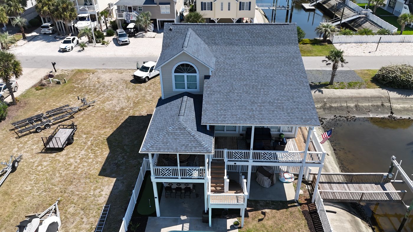 Drone view of a new architectural shingle roof — Daybreak Construction