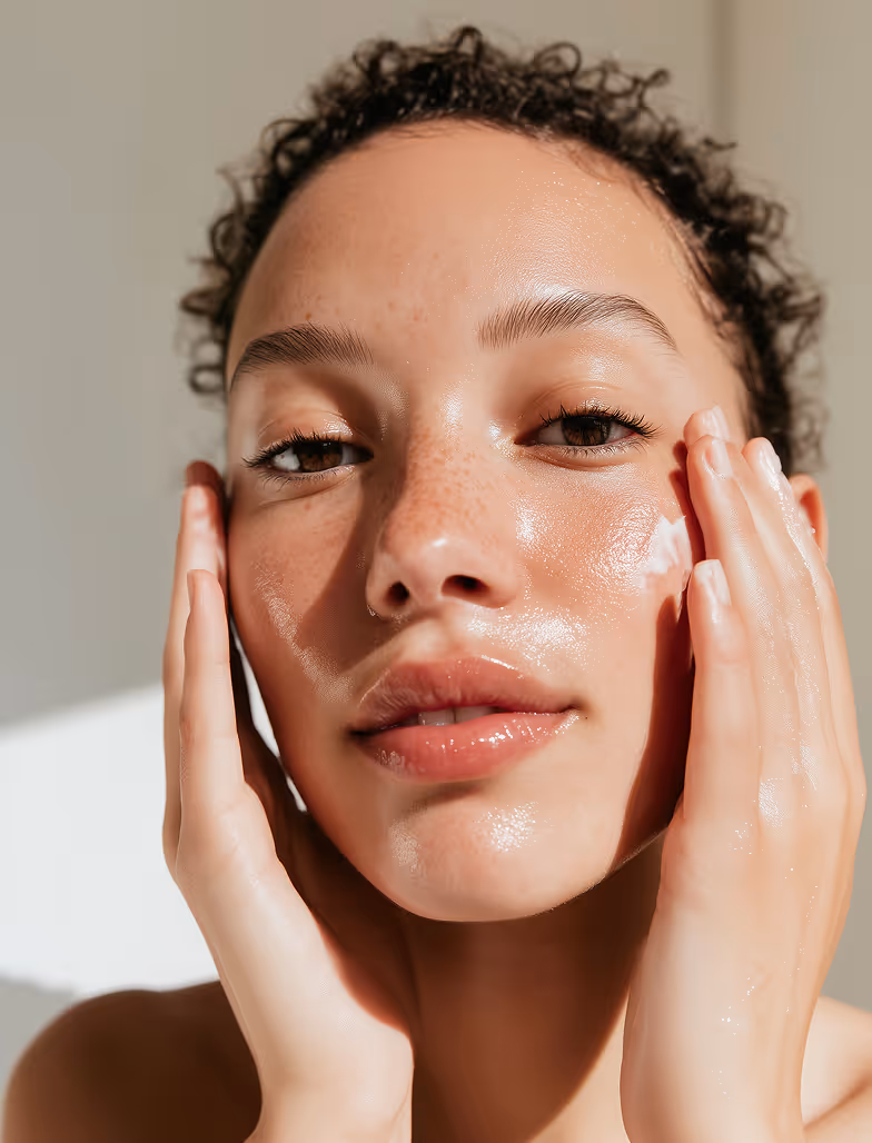 Close-up of a young woman with curly hair applying moisturizer to her glowing, freckled face.