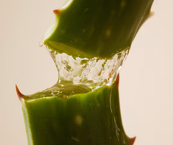 Close-up of clear gel flowing from a cut aloe vera leaf.