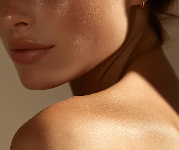 Close-up of a woman's lower face, neck, and shoulder with smooth, glowing skin in warm lighting.