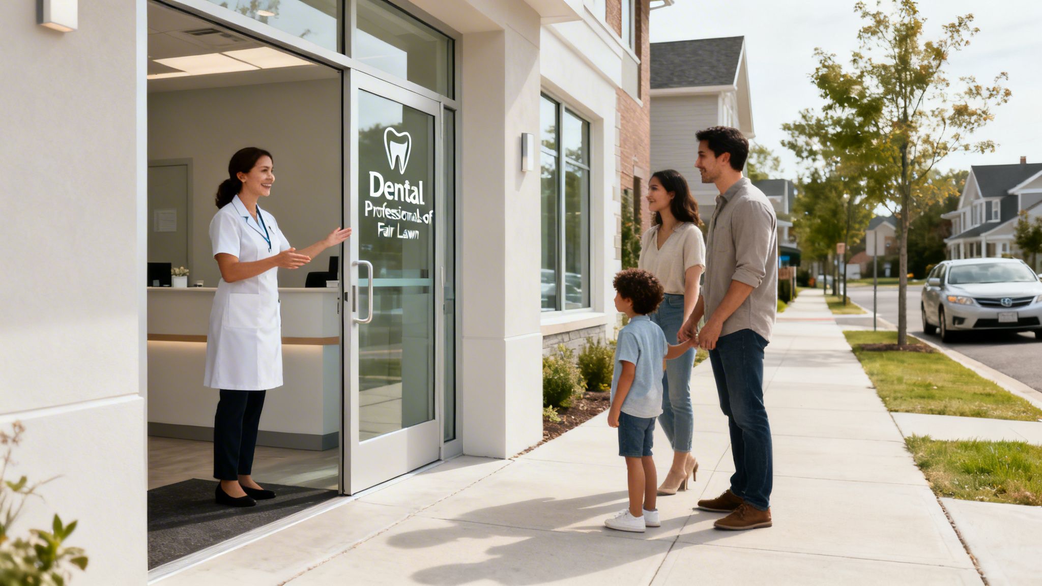 A friendly dentist welcomes a diverse family, including a young child, to her modern dental office.
