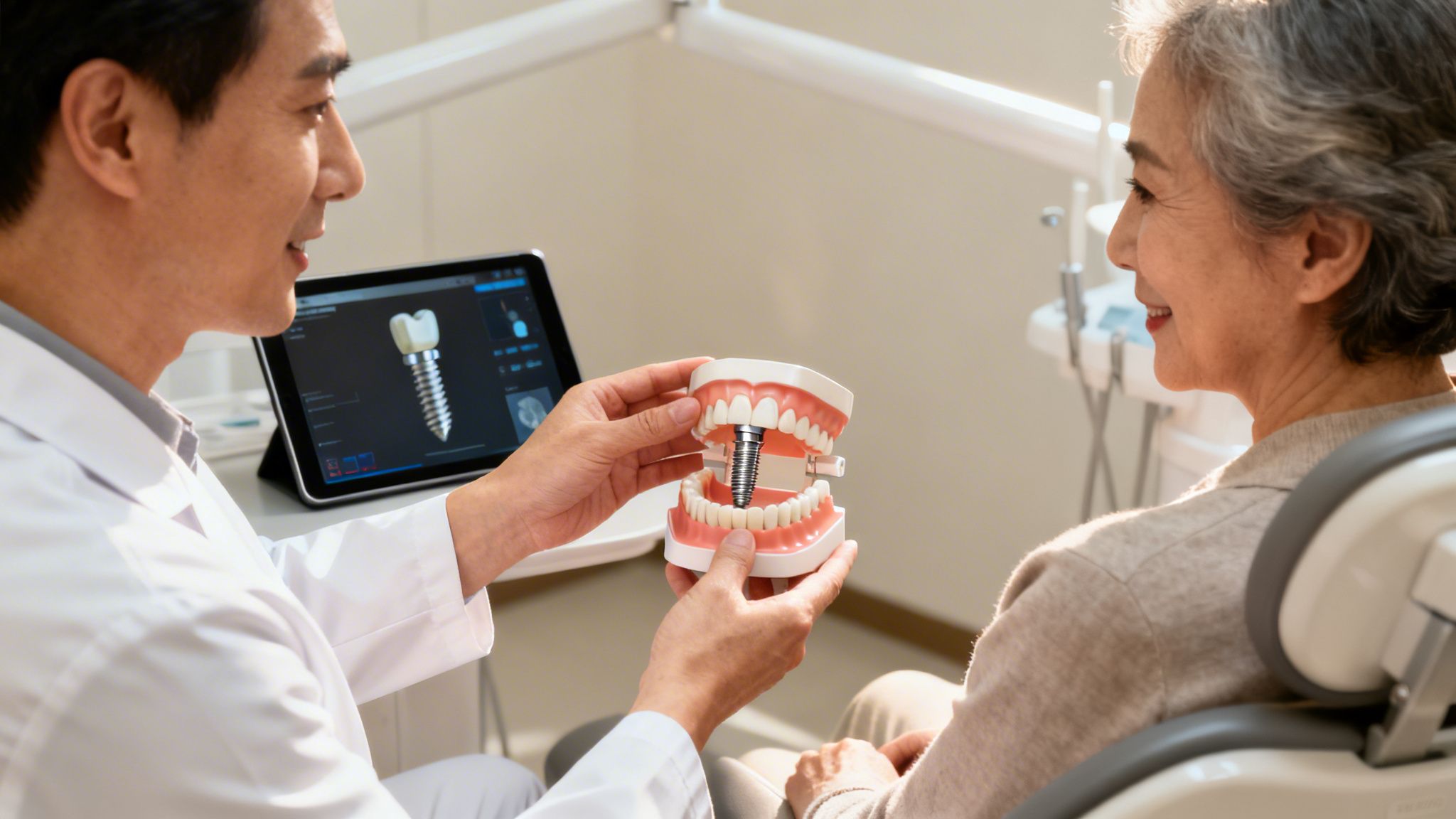 Dentist explains dental implant procedure using a model and tablet to a smiling senior patient.