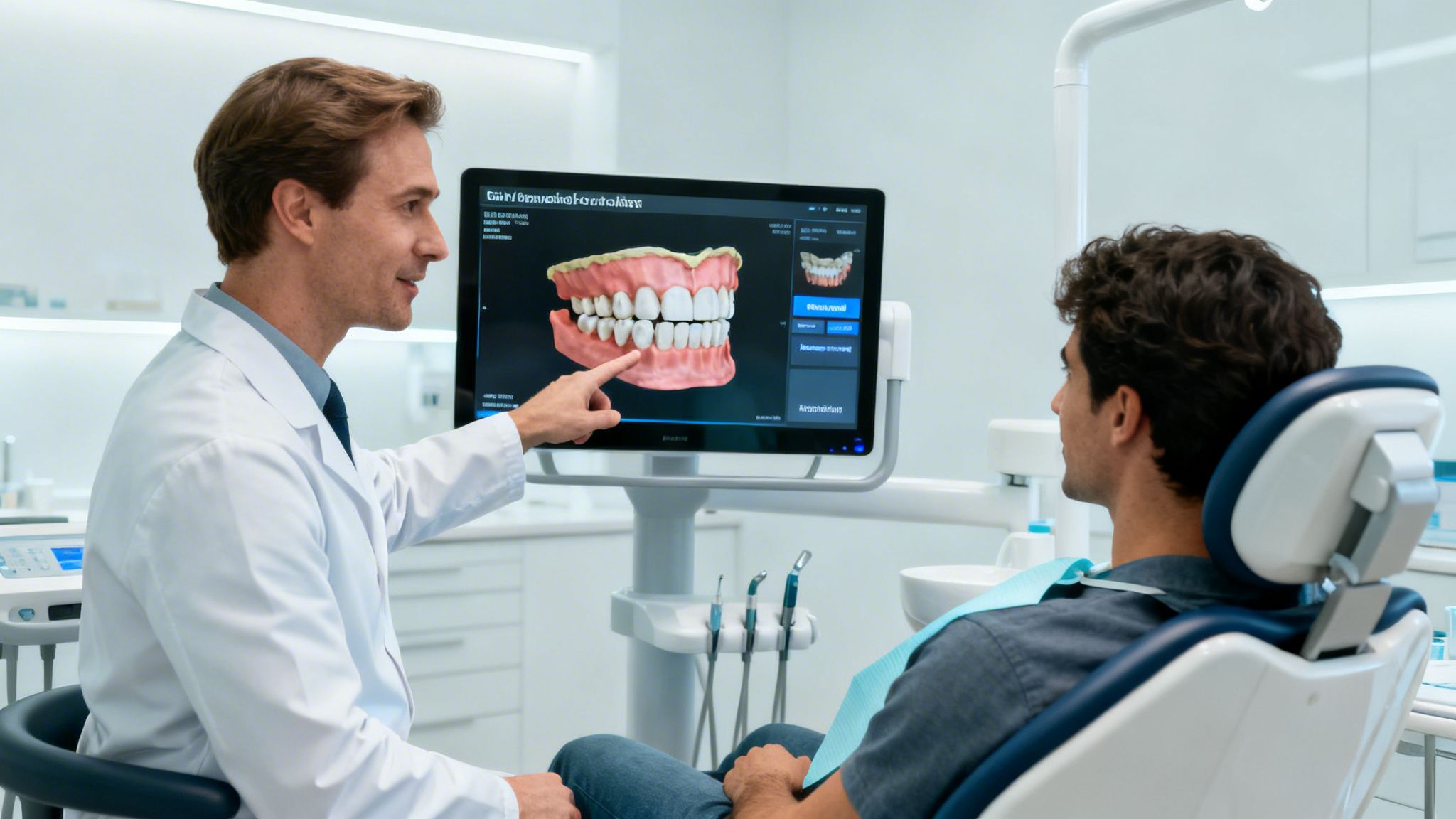 A dentist shows a patient a 3D dental model on a computer screen, discussing treatment options in a modern clinic.