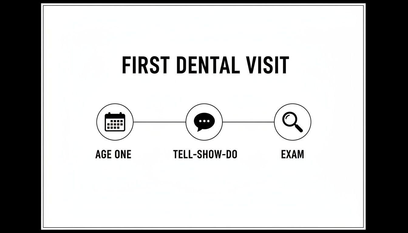 Infographic showing a child's first dental visit steps: Age One, Tell-Show-Do, and Exam.