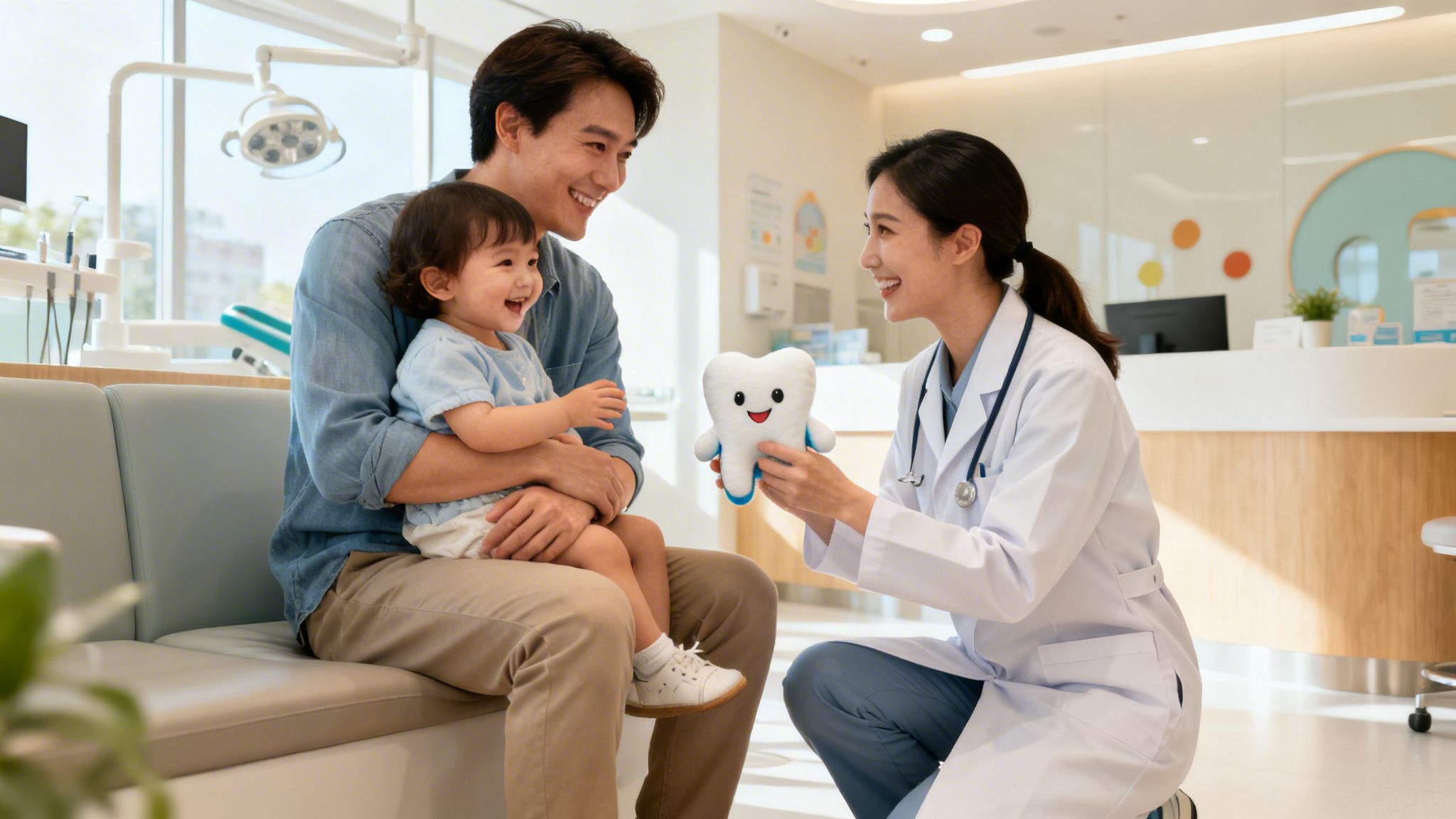 A smiling dentist shows a happy tooth toy to a cheerful toddler and father in a modern dental clinic.