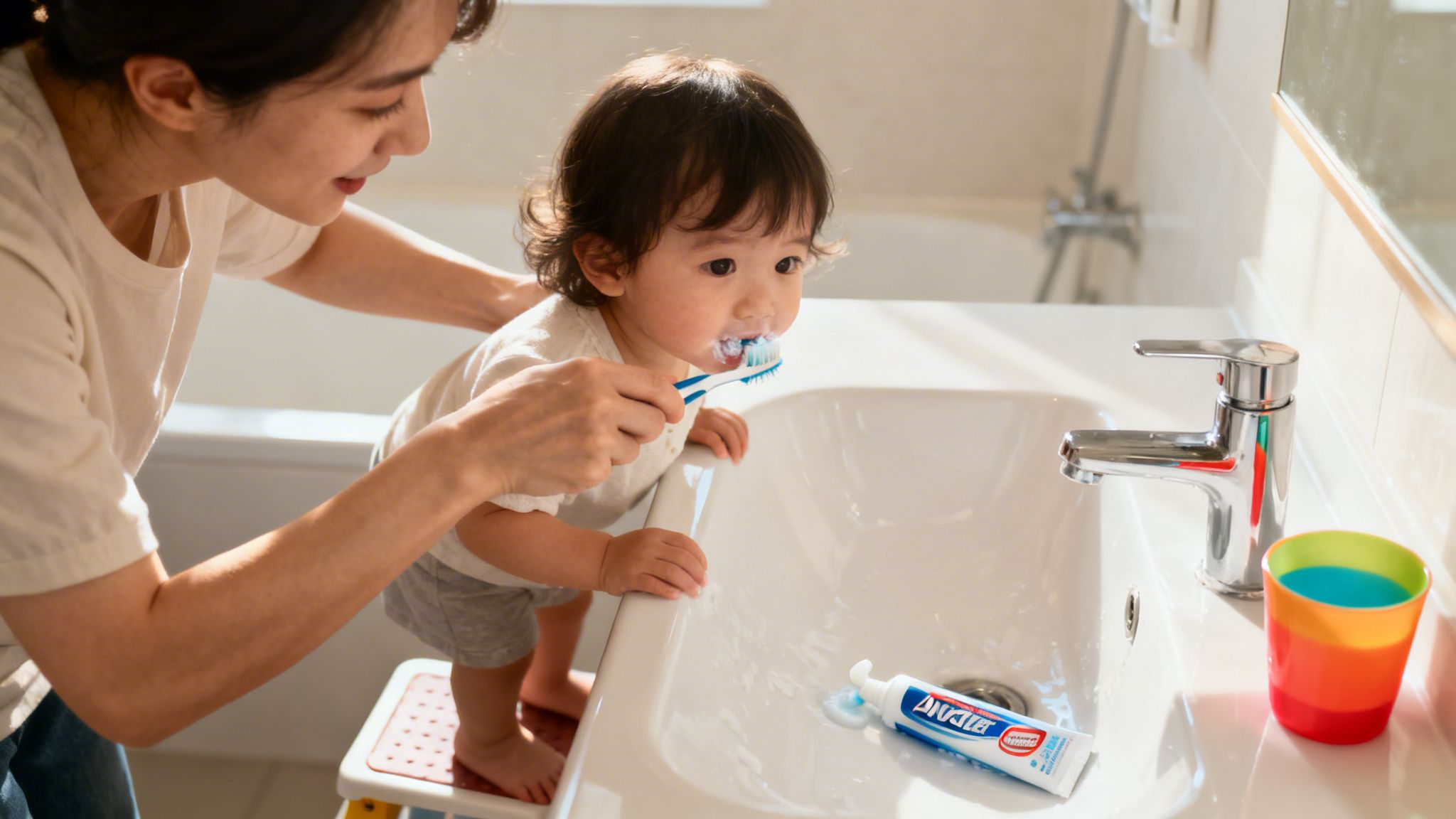 A mother helps her baby brush teeth at the bathroom sink with toothpaste.