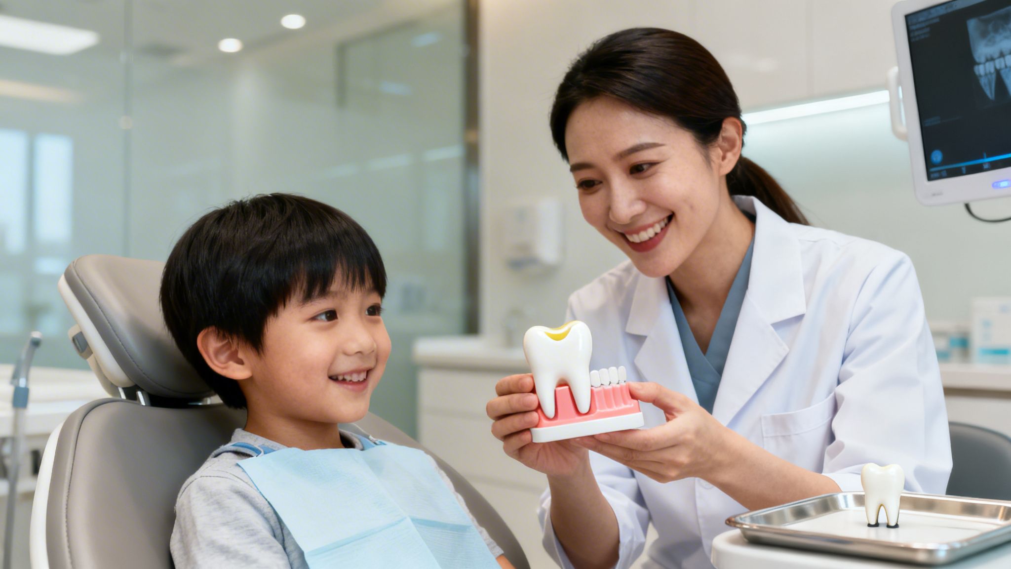 Smiling dentist educates a young boy about dental health using a tooth model in a clinic.