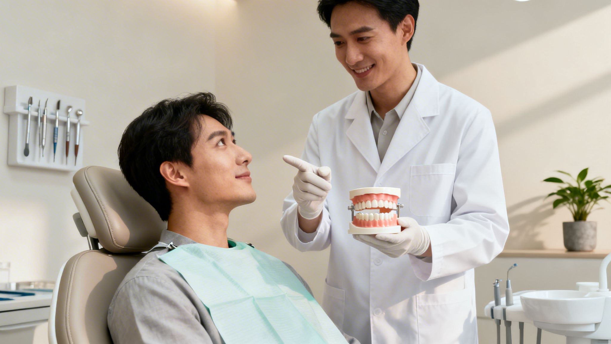 A caucasian woman smiles at her dentist during a consultation.